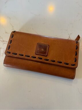 Dooney & Bourke Cognac Leather Tri Fold Wallet with Whipstitch Trim